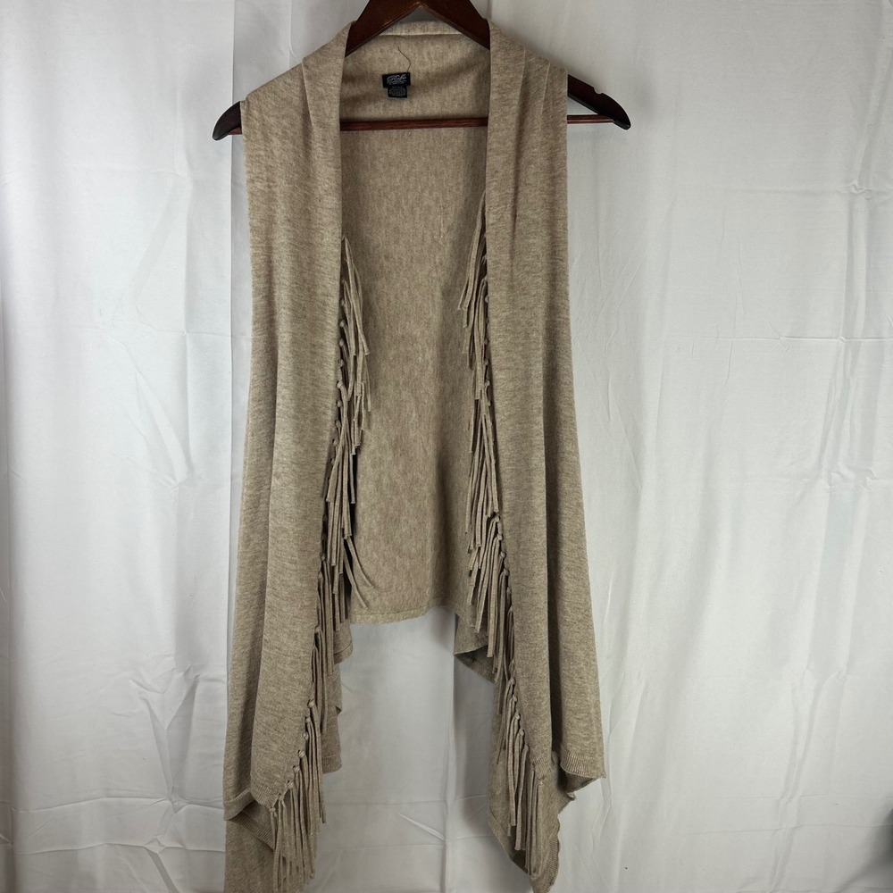 Roffe Accessories Fringe Vest Women One Size Tan Heathered Knit Open Front Boho